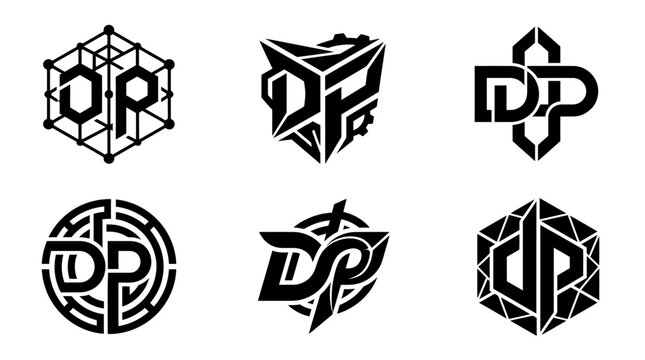 Collection of Six Unique DP Monogram Logos in Various Geometric and Stylized Designs.
