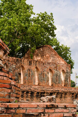 Naklejka premium Exterior view of a ruined red brick assembly hall at Wat Kudi Dao in Ayutthaya, Thailand. The ancient building features arched windows and stands behind a low brick wall under a large green tree
