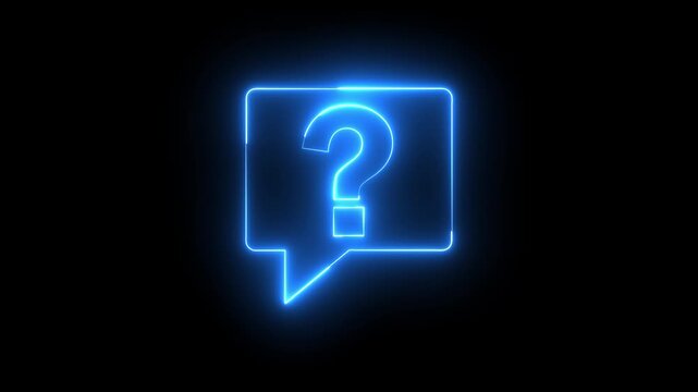 Glowing neon blue color message box with question mark sign icon animation quiz confusion mark punctuation interrogative sign education exam circle alphabet sign symbol on black background