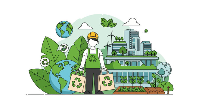 Eco-friendly worker with shopping bags and green city background.
