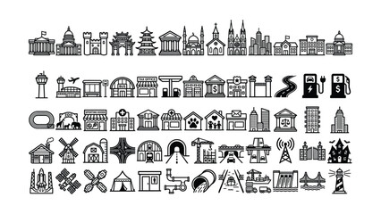 Obraz premium Black and white line drawing icons of various buildings landmarks and structures for graphic design and illustration city and town symbols