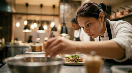 Naklejka premium Focused professional female chef meticulously plating an exquisite gourmet dish in a restaurant kitchen