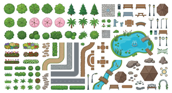 Park Elements Vector Illustration With Trees Benches And Water Features