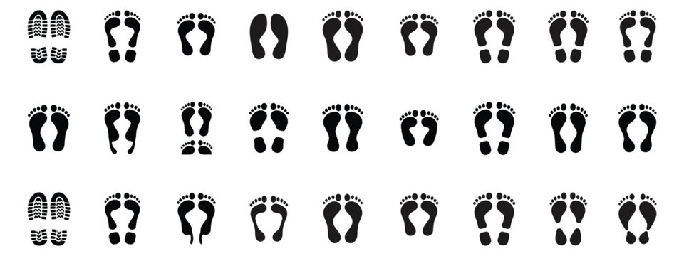 Footprint and Shoe Print Silhouette Vector Icons Featuring Human Footsteps, Boot Tracks and Isolated Walking Trail Illustrations