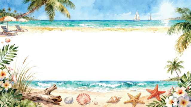 Watercolor summer beach frame with tropical plants and sea
