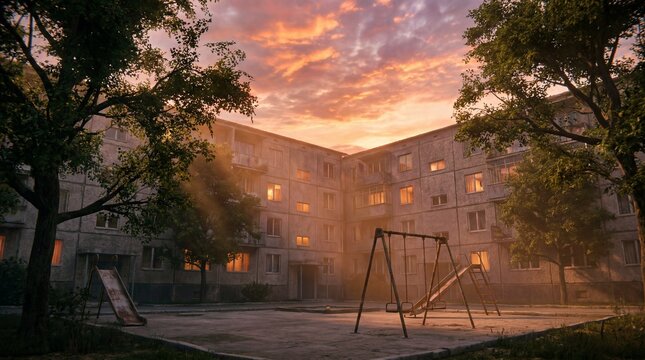 Quiet residential courtyard at sunset with apartment buildings and playground