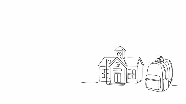 School building stands next to a student backpack in this minimalist continuous line drawing that represents the return to academic studies and daily classroom attendance in a clean vector style.