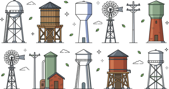 Vector illustration collection of rural infrastructure elements including retro wooden water towers modern metal reservoirs agricultural windmills utility power poles and grain silos