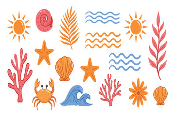 Obraz premium Hand Drawn Summer Vintage Sticker Set Featuring Boho Palm Tree, Sun, Ocean Waves, Seashells, Coral and Crab in Naive Groovy Tropical Surf Club Vacation Travel Vector Collage Illustration Design