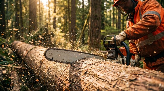 Professional Logger Cutting Large Tree with Chainsaw in Forest