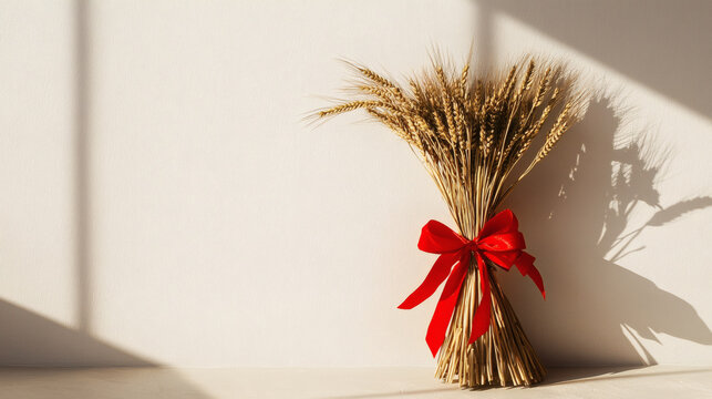 Ukrainian traditional Christmas didukh sheaf of wheat ears with red ribbon bow