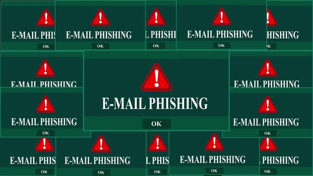 E-mail Phishing Alert Warning Error Window Pop-up Notification Box On Black Screen. Cybersecurity threat: phishing alert warning with suspicious emails and data protection concept.
