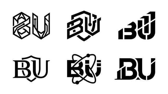 Collection of six distinct black and white BU lettermark logos with varied geometric and abstract designs.
