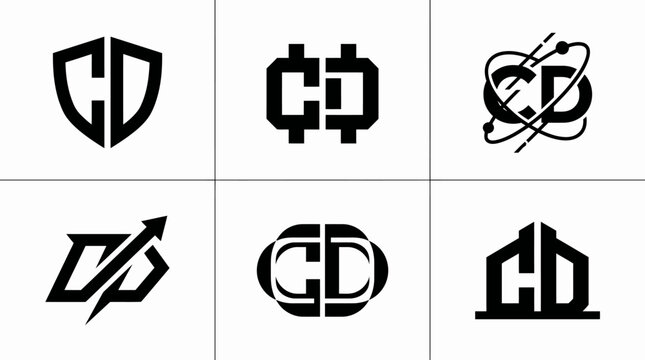 Collection of six distinct black and white CD letter logo designs.