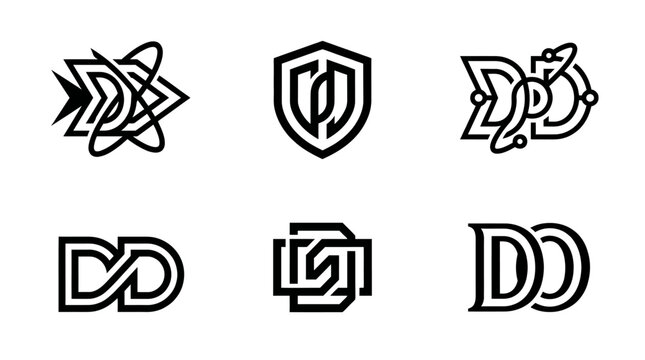Collection of six distinct black and white DD letter logos with various modern and abstract designs.
