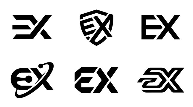 Collection of six distinct black and white EX letter logo designs.