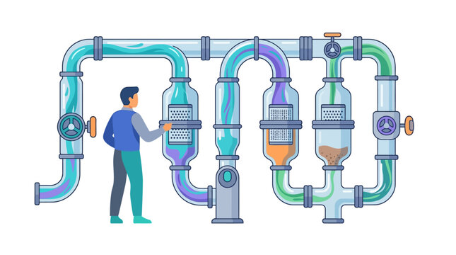 Professional data engineer managing complex digital information pipeline system for workflow optimization flat design vector illustration