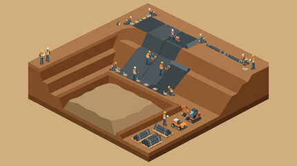 Isometric illustration of ancient archaeological excavation site with workers. © Syakilla