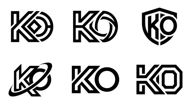 Collection of six distinct KO letter logo designs in black and white.