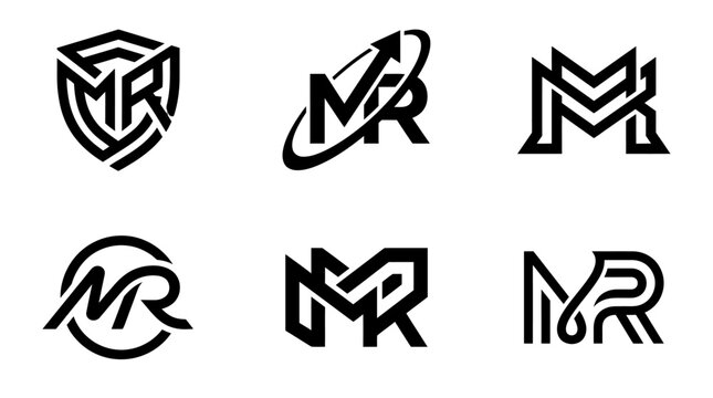 Collection of six distinct MR letter logo designs in black and white.
