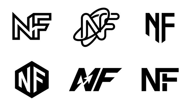 Collection of six distinct NF letter logos in black and white.