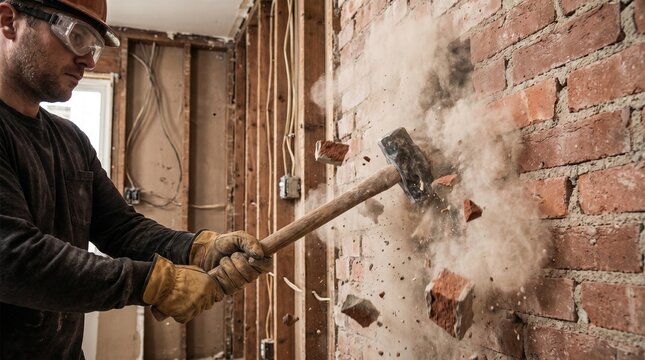 Construction worker demolishing brick wall with sledgehammer