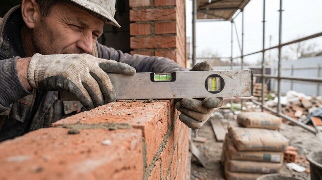 Bricklayer checking wall level with spirit level tool