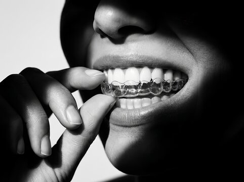 Clear plastic dental aligner or invisible braces for teeth straightening treatment. For dental clinics, orthodontic marketing, healthcare campaigns, cosmetic dentistry, and oral wellness