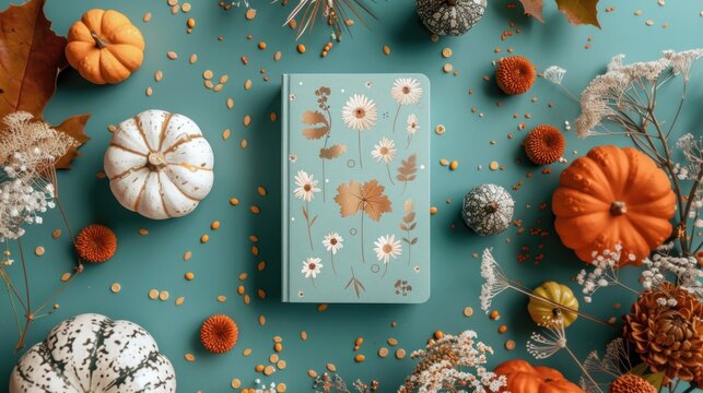 A teal journal with a floral pattern, surrounded by pumpkins, dried flowers, and fall leaves on a teal background.