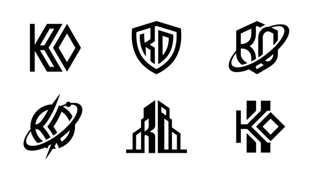 Set of six unique black and white KD letter logo designs.