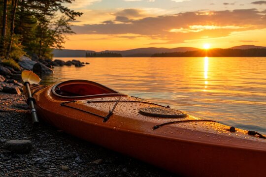 hull. Kayak resting on lakeshore at golden hour, water droplets glistening on its hull. mobility guides, transit brochures, designed for transport & logistics marketing, improves user orientation.
