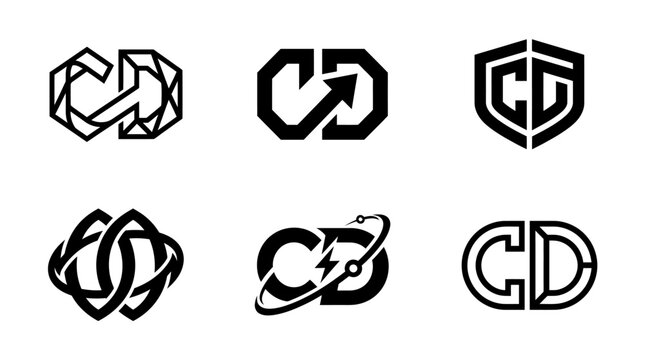 Set of six unique CD letter logo designs in black and white.