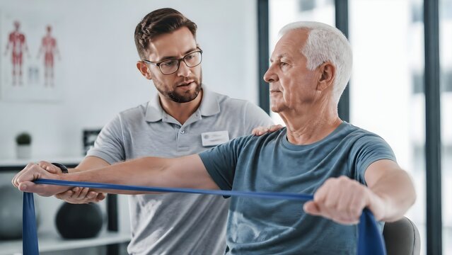 Professional Physical Therapist Guiding Senior Man Through Arm Exercises Using Resistance Band in Clinic