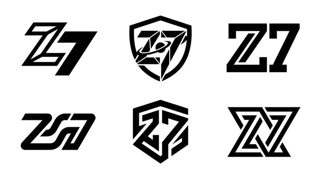 Set of six unique Z7 logo designs in black and white.