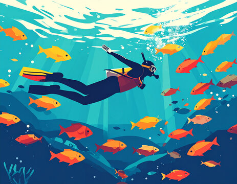 Close Up Snorkeler Gliding Underwater Surrounded by Colorful Fish Swarm Vector Illustration