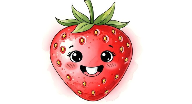 Cute cartoon strawberry with happy face and missing front tooth green leaves dessert ingredient strawberry childlike character illustration whimsical