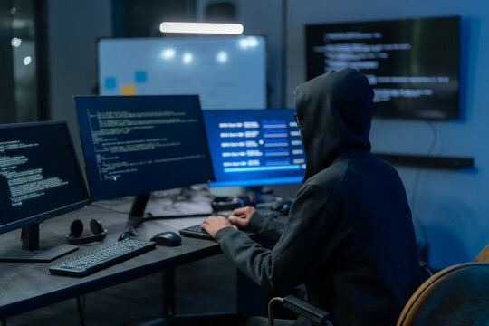 Hacker typing code on multiple glowing monitors in a dark room, conveying themes of cybersecurity and hacking.