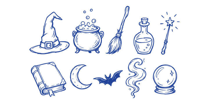 witch elements and magic wizard doodle icon set with witch hat cauldron broomstick potion bottle wand spell book crescent moon bat smoke and crystal ball vector illustration