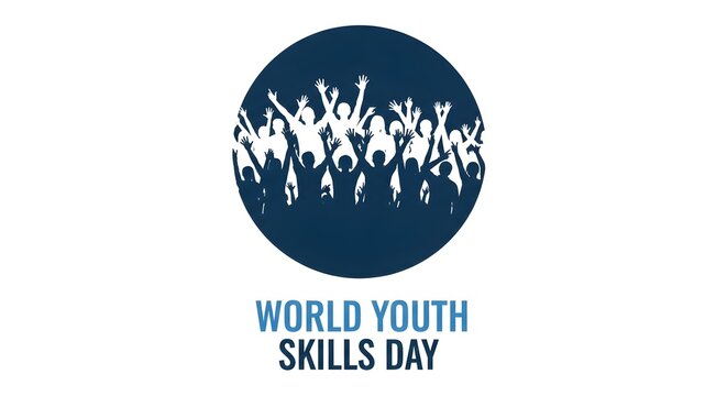 World youth skills day emblem with cheering crowd silhouettes in circular icon education training development silhouette celebration empowerment