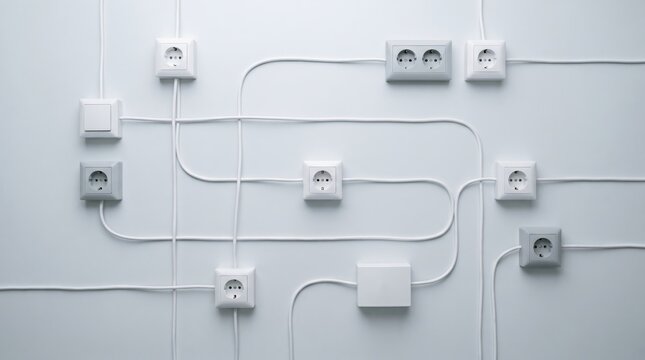 Multiple electrical outlets and power sockets connected by white cables on a plain wall, showcasing various configurations and arrangements of electrical installations