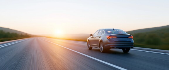 Obraz premium Modern sedan driving on open highway sunset