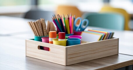 Fototapeta premium Colorful art supplies in wooden organizer