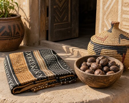 shea. Mud cloth fabric with shea nuts and woven basket, West African craft and natural decor. event programs, museum guides, designed for cultural heritage projects and event programs.