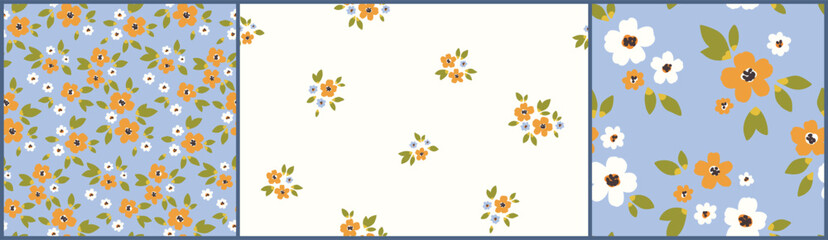 Seamless floral pattern, liberty ditsy print in delicate folk motif. Cute botanical design set. Simple hand drawn plants, small flowers, mini leaves, tiny bouquets on blue, white. Vector illustration. © Yulya i Kot