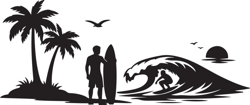 Black silhouette of surfer and friend on beach with palm