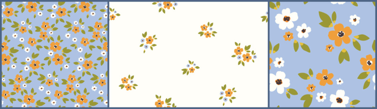 Seamless floral pattern, liberty ditsy print in delicate folk motif. Cute botanical design set. Simple hand drawn plants, small flowers, mini leaves, tiny bouquets on blue, white. Vector illustration.