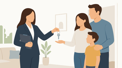 Fototapeta premium A female real estate agent hands over a house key to a happy young family with a child in a bright interior scene in this warm flat vector illustration, ideal for real estate and property design.