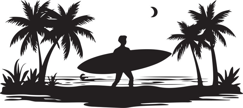 Silhouette of a surfer walking on a beach with palm