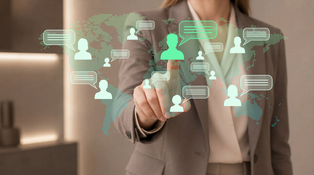 Remote team communication and global collaboration concept. Virtual workforce communication across worldwide business network. Businesswoman managing distributed teams and online collaboration.