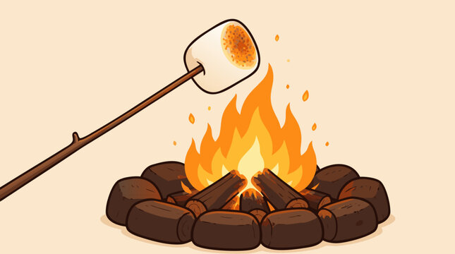 A golden marshmallow toasts on a pointed stick held over a warm crackling campfire with glowing logs in this cozy flat vector illustration, perfect for camping, outdoor, and leisure design themes.